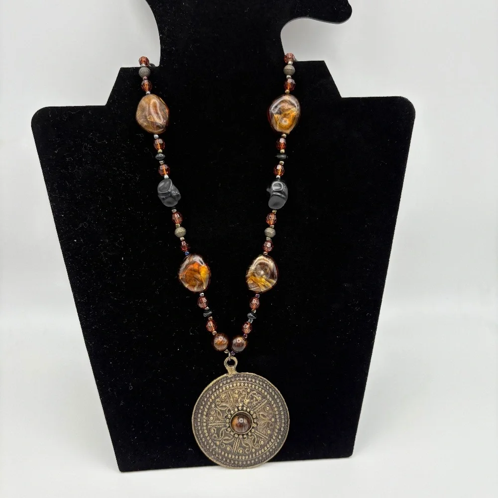 Boho Beaded Statement Necklace w/ Large Vintage Medallion Pendant‎